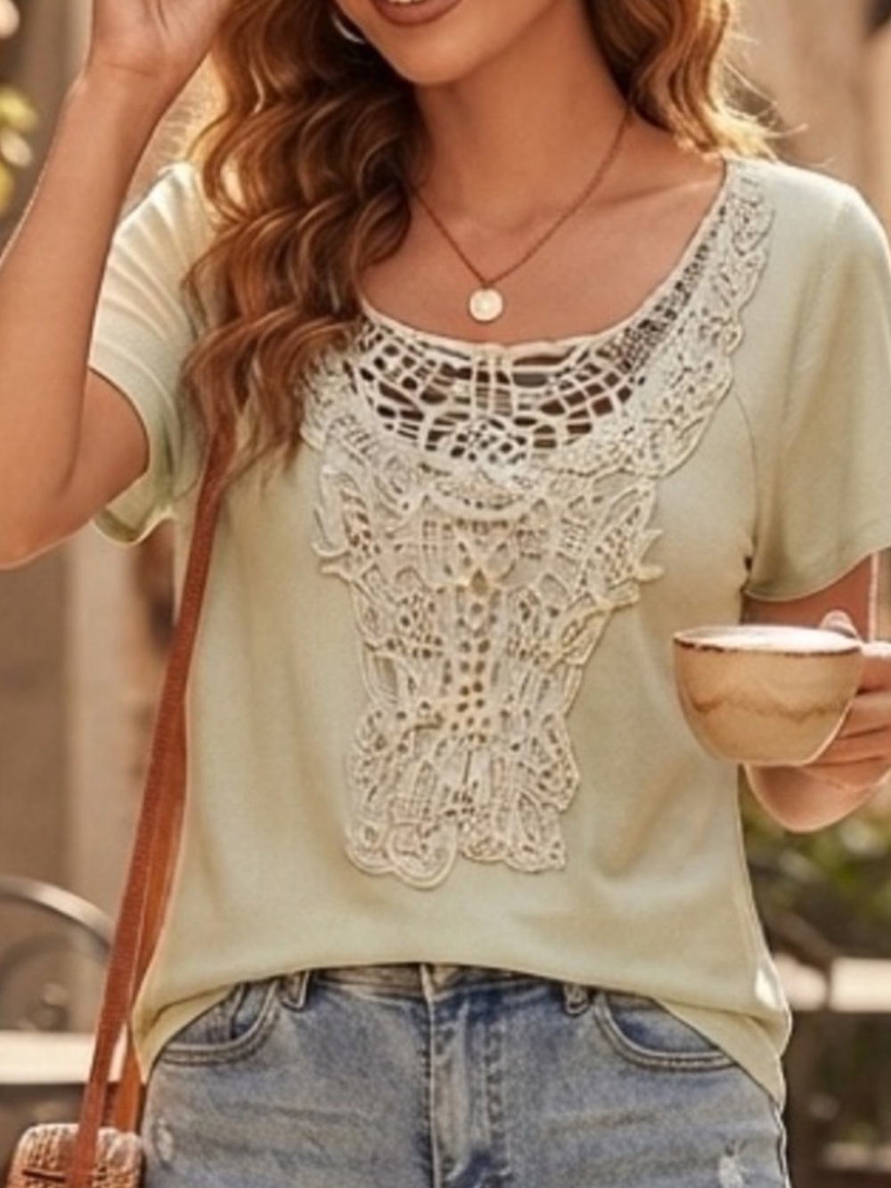 NWT Cato Sage Green Crochet-Front Short Sleeve Top